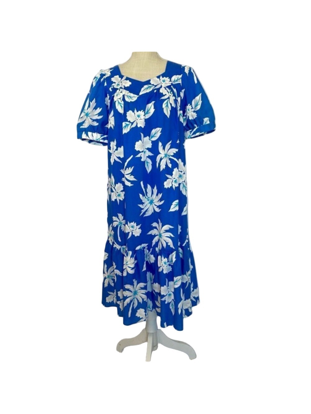 Vintage Royal Hawaiian Creations Dress Muumuu Small Blue White Floral Midi Tiki